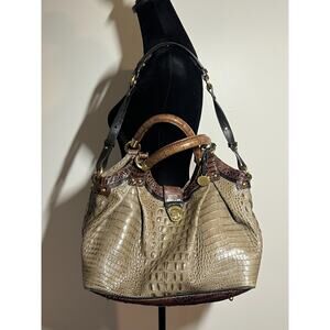 Brahmin Large Gray Brown Crocodile Leather Satchel Shoulder Bag Purse